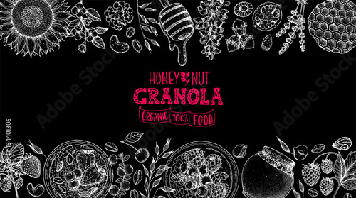Granola ingredients illustration. Oat flakes , berries, fruits and nuts hand drawn sketch. Breakfast top view frame. Morning food menu design. Hand drawn vector illustration.