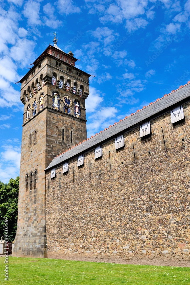 19th century Gothic Revival style Clock Tower of the Cardiff Castle, Wales, UK
