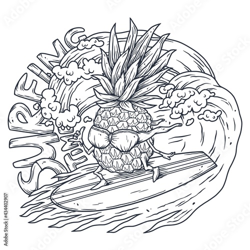 Surfing hawaii pineapple on surf bord for t-shirt print. Tropical surfbord emblem for surfer tiki bar or beach bar