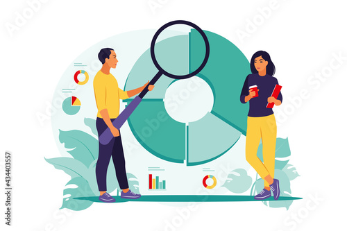 Statistical analysis concept. Analysis for business finance. People team working on circular diagram segments, statistics, audit. Vector illustration. Flat
