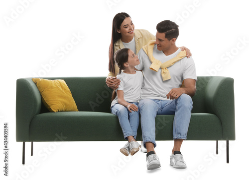 Happy family resting on comfortable green sofa against white background