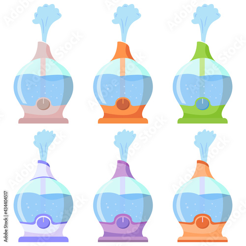 Air humidifier during work. Device for 
moistens dry air.Diffuser with steam jet. Healthy humidity.Equipment for home or office.Air purifier.Cleaning and humidifying device.Vector flat illustration.