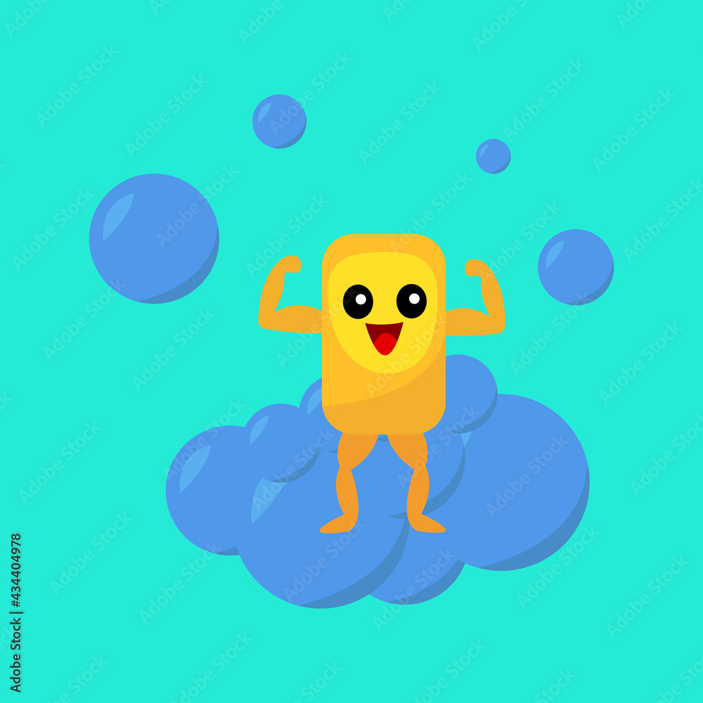 cartoon character orange bar of soap posing showing pumping up muscles  standing on bubbles Stock Vector | Adobe Stock