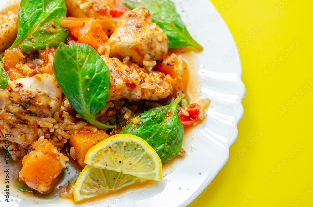 Chicken Jambalaya, cooked chicken breast pieces, in a spiced tomato