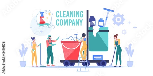 Vector cartoon cleaning company employee characters at work.Domestic worker cleaners,mop bucket equipment tools,different chemicals-cleaning service job,work profession,web site banner ad concept