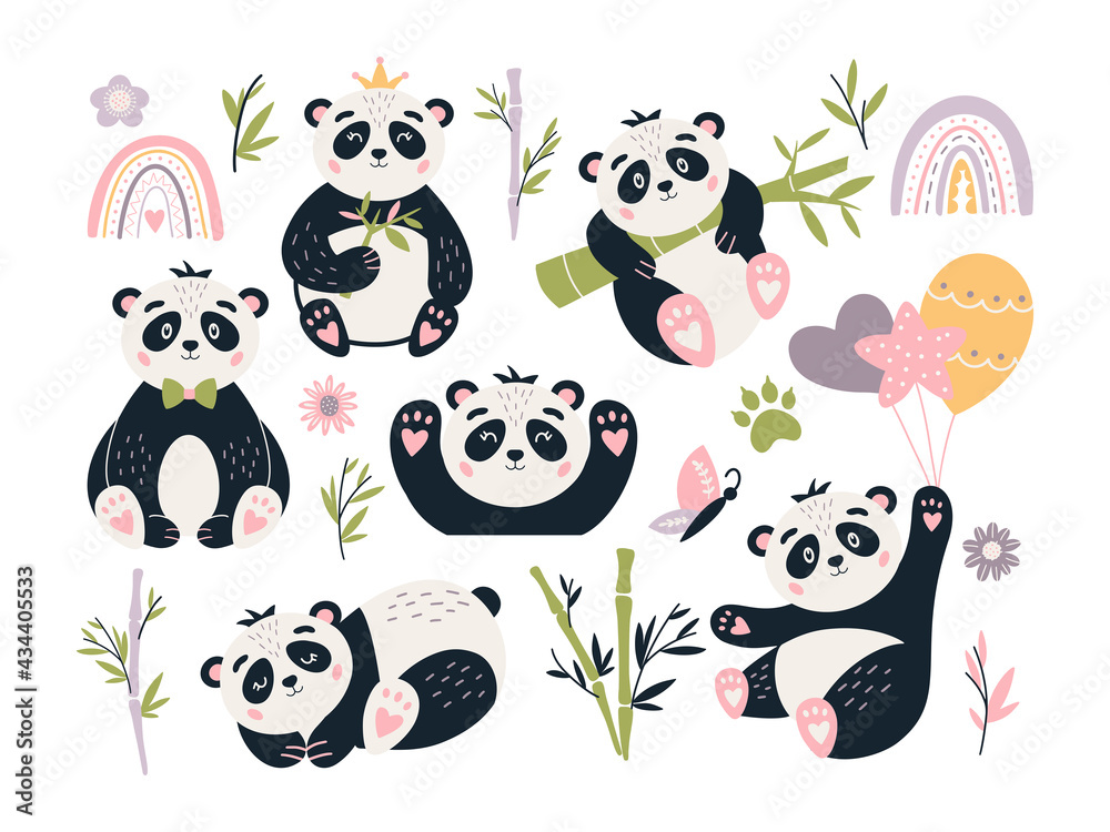 Cute Panda vector set Baby bear bamboo