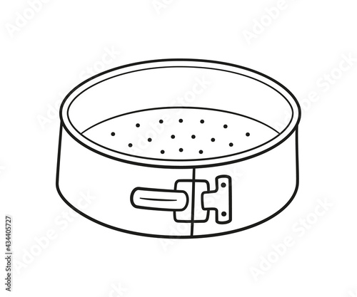 Detachable baking dish in circle shape with removable bottom. Hand rawn non-stick sponge cake pan. Vector illustration in doodle style on white background.