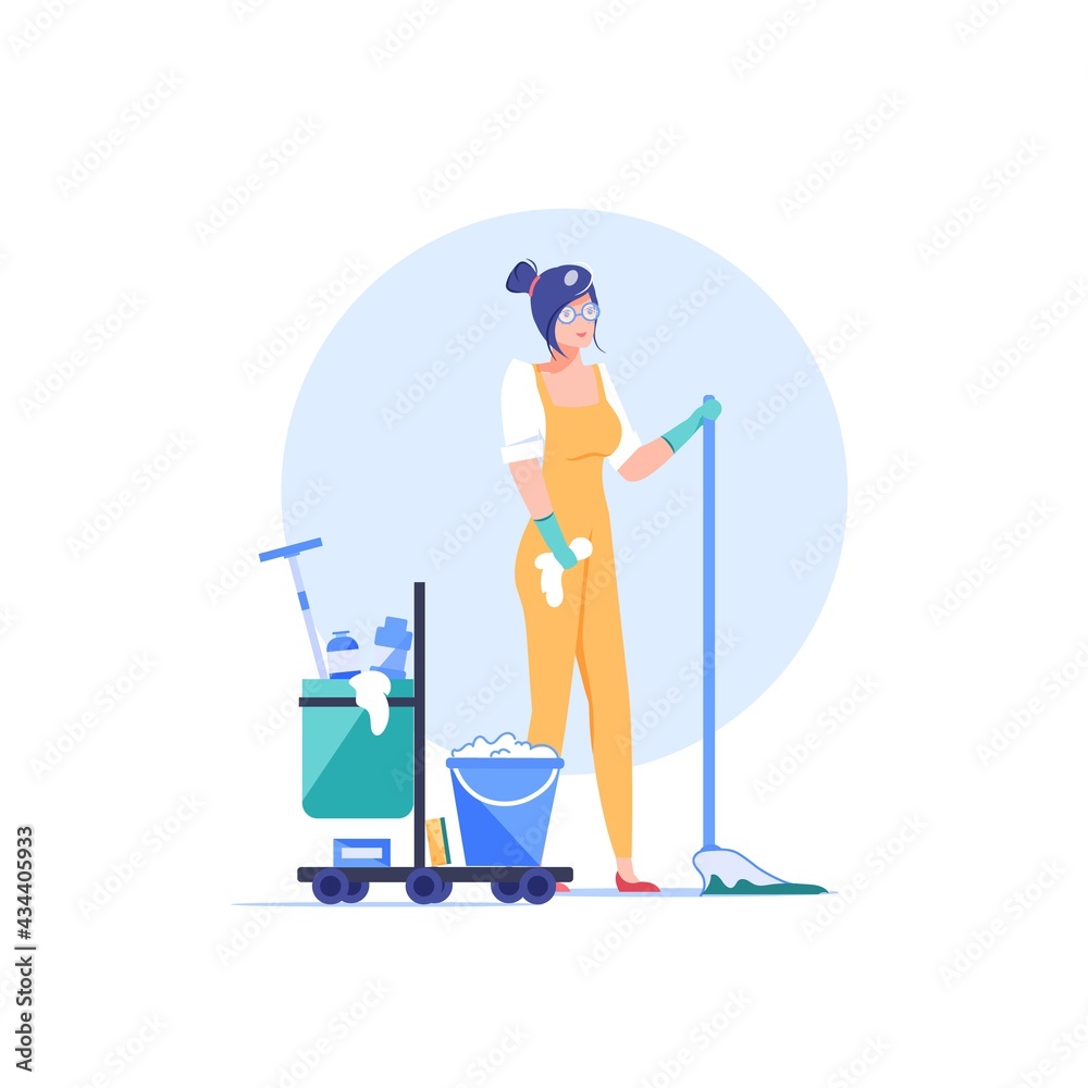 Fototapeta premium Vector cartoon cleaning company employee character at work.Domestic worker cleaner person with mop bucket equipment tools,different chemicals-cleaning service profession,web site banner ad concept