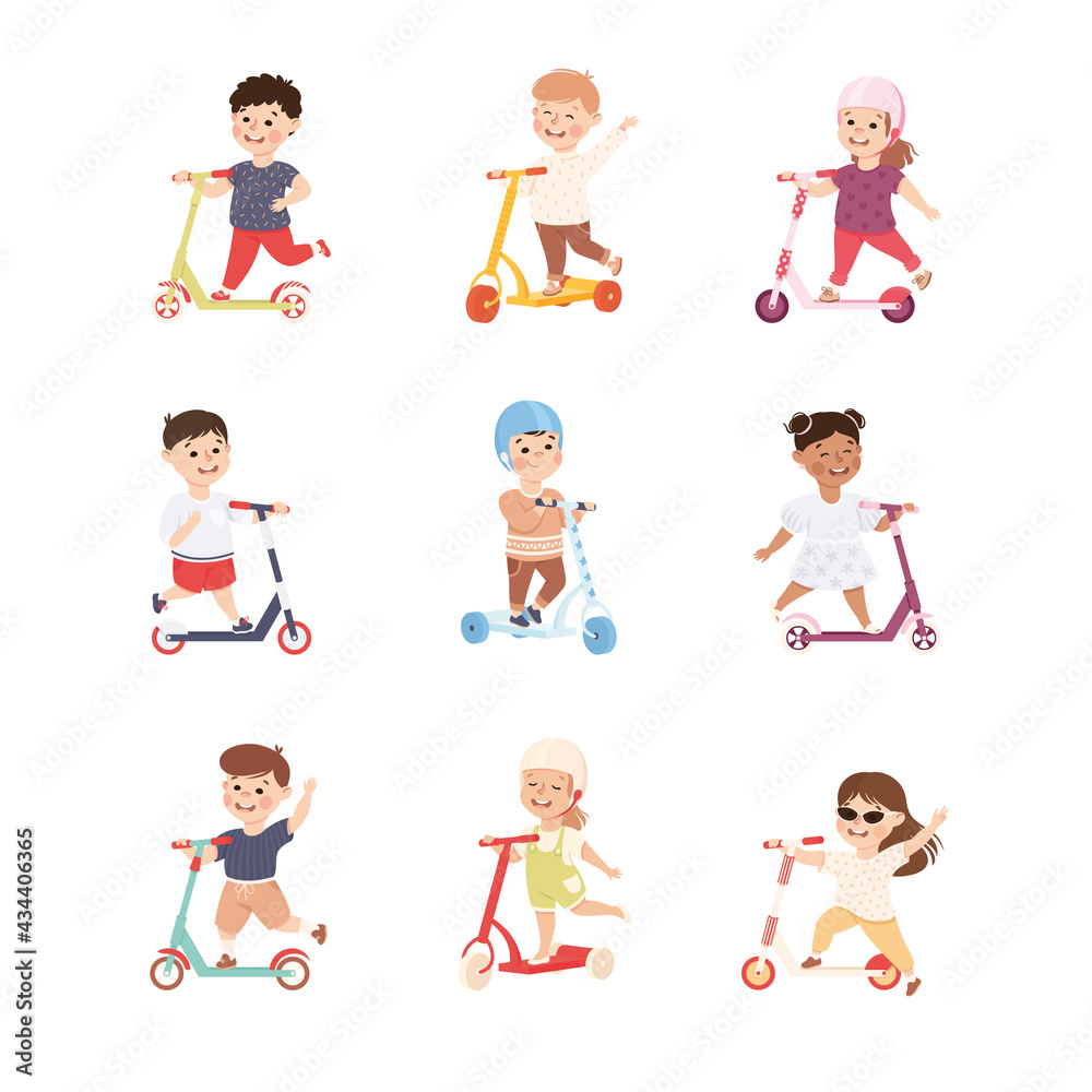 Smiling Children Riding on Kick Scooter Pushing Off the Ground Vector Set Smiling Children Riding on Kick Scooter Pushing Off the Ground Vector Set
