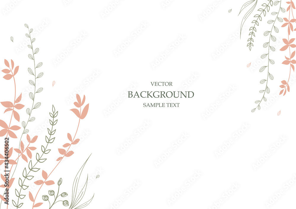 Floral vector template with leaves, plants for greeting card. Silhouette of abstract natural elements. Silhouette of plant. Print for holiday poster, background, cover, banner, invitation, postcard. Floral vector template with leaves, plants for greeting card. Silhouette of abstract natural elements. Silhouette of plant. Print for holiday poster, background, cover, banner, invitation, postcard.