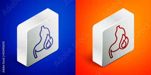 Isometric line Stomach heartburn icon isolated on blue and orange background. Stomach burn. Gastritis and acid reflux, indigestion and stomach pain problems. Silver square button. Vector
