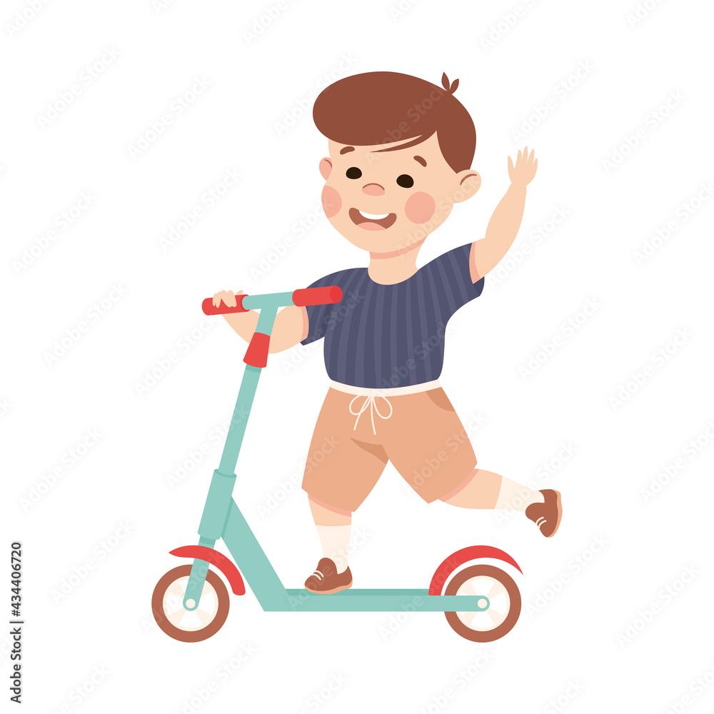 Smiling Boy Riding on Kick Scooter Pushing Off the Ground and Waving Hand Vector Illustration Smiling Boy Riding on Kick Scooter Pushing Off the Ground and Waving Hand Vector Illustration