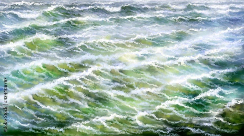 Fototapeta premium Oil paintings sea landscape, water flowing into the water. Fine art.