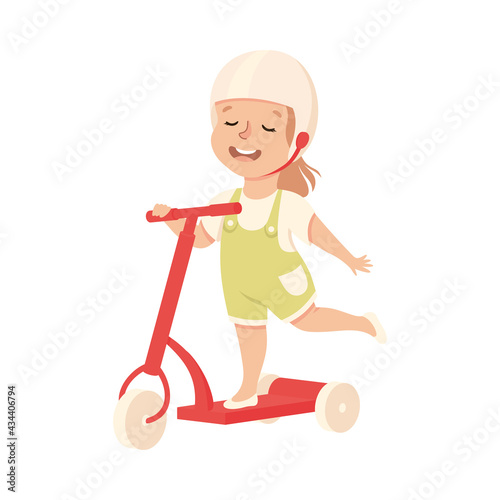 Little Girl in Helmet Riding on Kick Scooter Pushing Off the Ground Vector Illustration