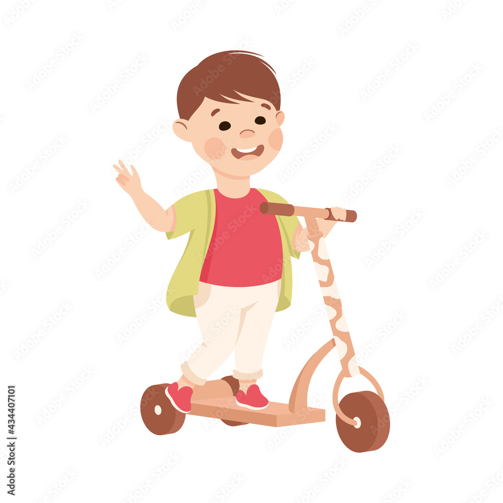 Smiling Boy Riding on Kick Scooter Pushing Off the Ground and Waving Hand Vector Illustration Smiling Boy Riding on Kick Scooter Pushing Off the Ground and Waving Hand Vector Illustration