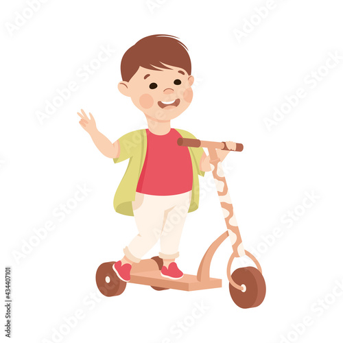 Smiling Boy Riding on Kick Scooter Pushing Off the Ground and Waving Hand Vector Illustration