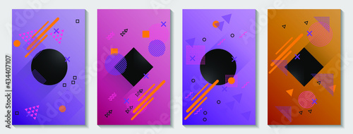 Memphis cover page layouts kit. Front page templates vector set with geometric shapes uprising motion. Abstract memphis geometry covers graphic design for notepads, brochures, banners.