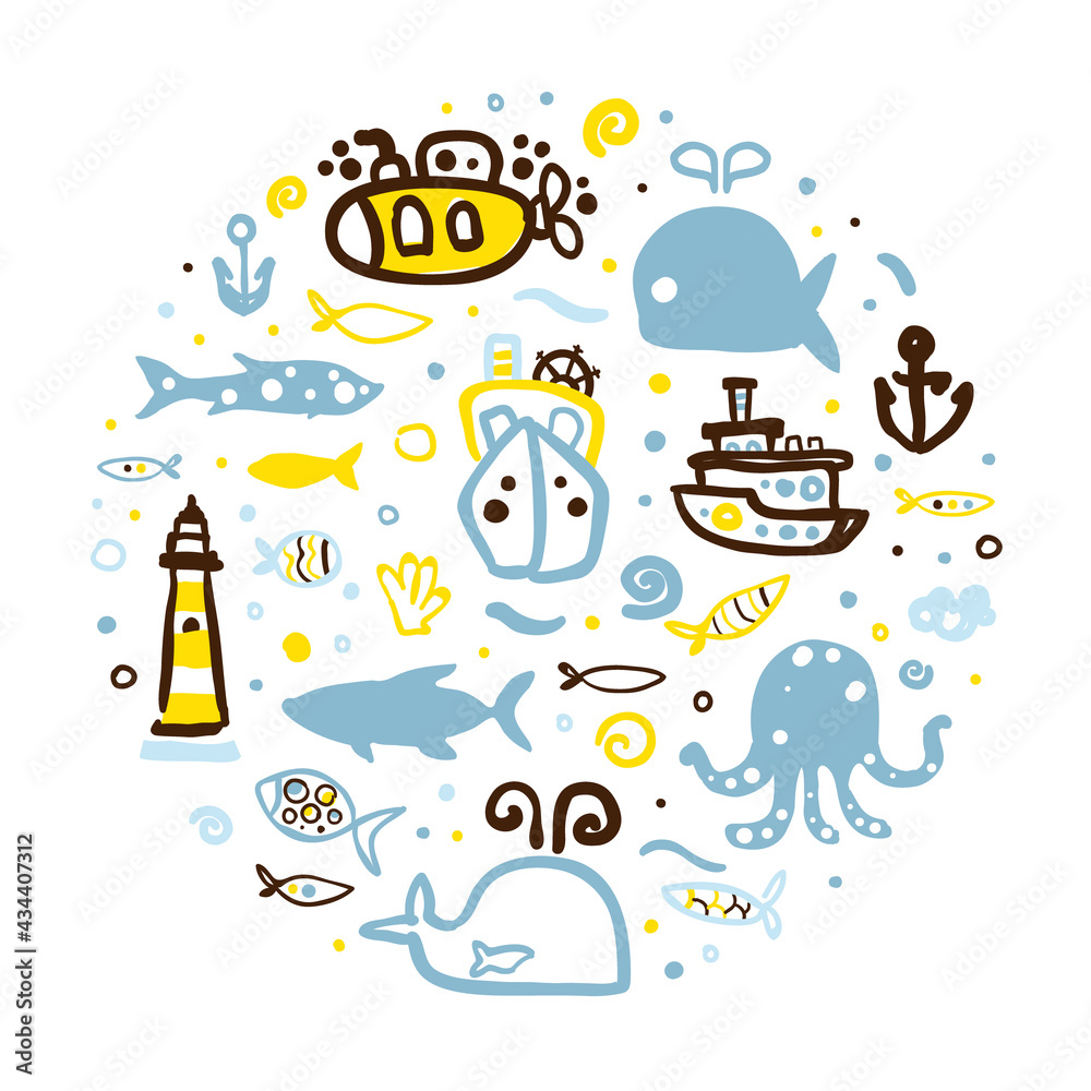 Fototapeta premium Marine and Nautical Symbols in Circular Shape, Banner, Poster, Background Template Vector Illustration