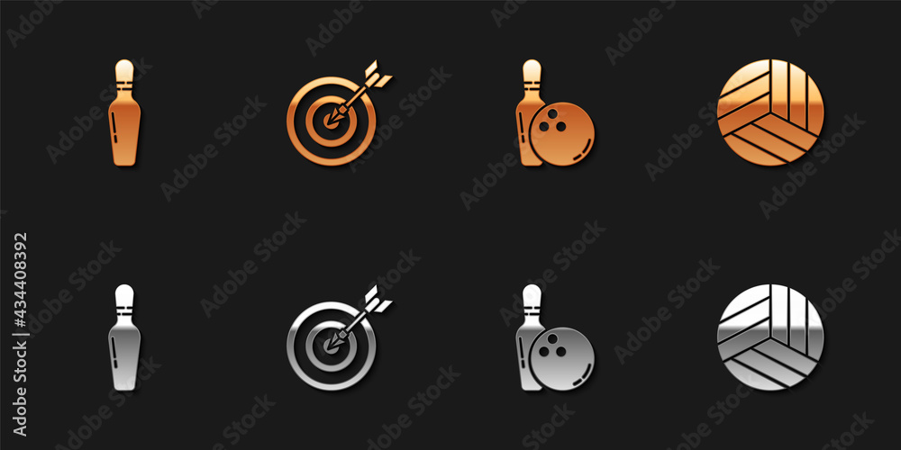 Set Bowling pin, Target with arrow, and ball and Volleyball icon. Vector