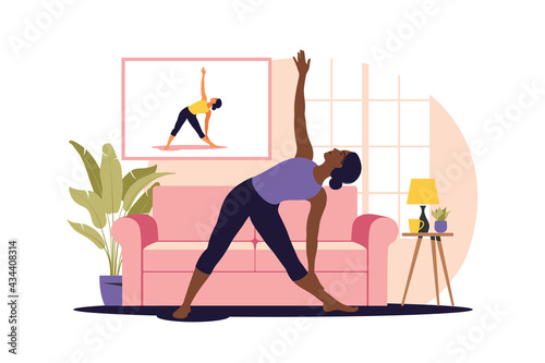 Online workout concept. African woman doing yoga at home. Watching tutorials on a TV. Sport exercise in a cozy interior. Vector illustration. Flat.