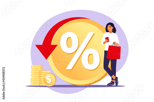 Rebate program, consumer benefit, selling discount concept. Money saving. Cash back service. Cost transfer. Vector illustration. Flat.