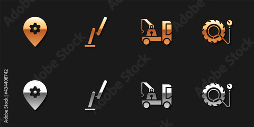 Set Location with car service, Windscreen wiper, Tow truck and Tire pressure gauge icon. Vector