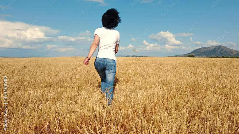 Slow motion of happy attractive woman with black curly hair running in a golden wheat field on a summer sunny day Slow motion of happy attractive woman with black curly hair running in a golden wheat field on a summer sunny day