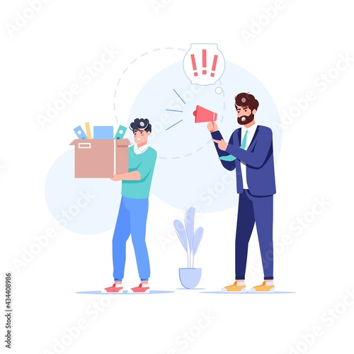 Vector cartoon flat boss manager,office worker characters in work conflict scene.Angry boss shouts in megaphone at afraid employee character-office work stress situation,web site banner concept