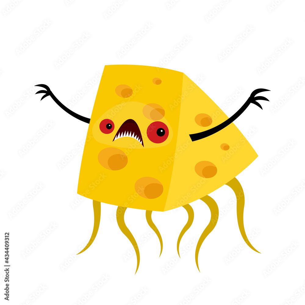 Vecteur Stock piece of cheese with holes cartoon character funny monster  with red eyes and tentacles posing on a white background | Adobe Stock