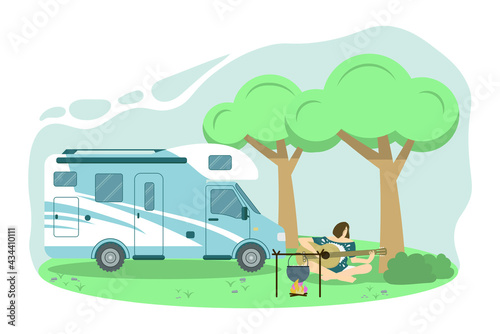 Caravan in a forest. Local summer vacation. A woman is playing the guitar at the camping place. Concept vector illustration in flat style.