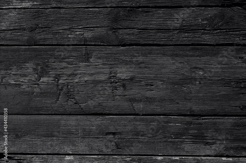 Black background. Vintage wood background in black color. Old wood texture with cracks, scratches, dents. Monochrome photo. 