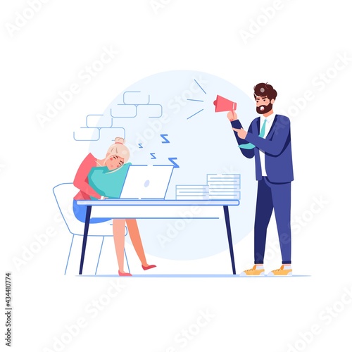 Vector cartoon flat boss manager,office worker characters at work conflict scene.Angry boss shout at bad employee,who sleep at workplace-procrastination,work productivity web site banner concept