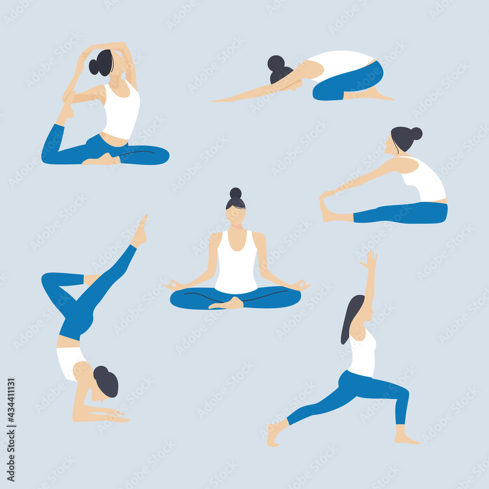 Set of slender young woman doing yoga and fitness. Healthy lifestyle. Vector illustration. Set of slender young woman doing yoga and fitness. Healthy lifestyle. Vector illustration.