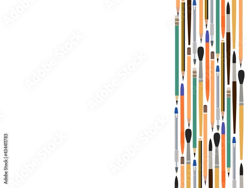 Stationery. Goods for the office, school and creativity. Corner frame. For a banner. The isolated vertiacally object on a white background. Vector illustration