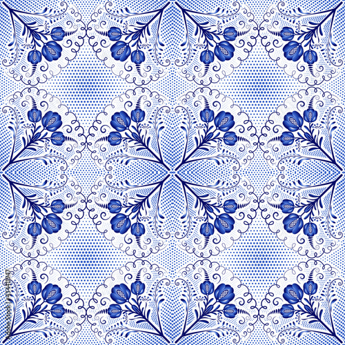 Seamless floral pattern. Seamless floral pattern from bouquets of blue flowers  leaves and polka dots. Ornament of curls in the style of Chinese painting on porcelain.