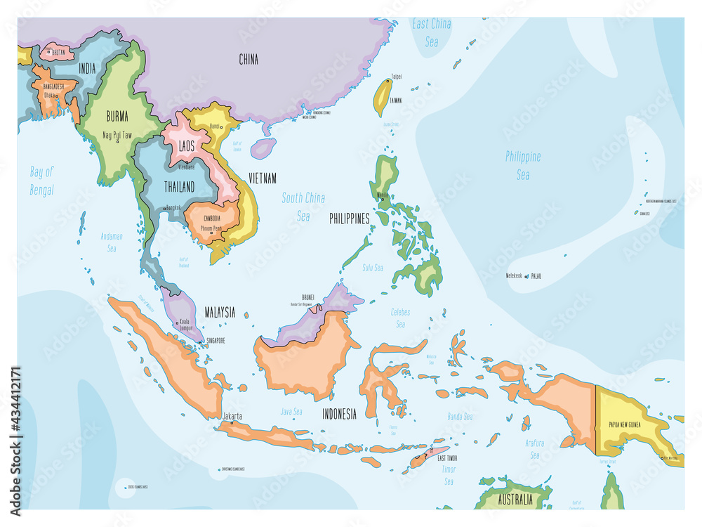 Political Map Of Southeast Asia Colorful Hand Drawn Cartoon Style