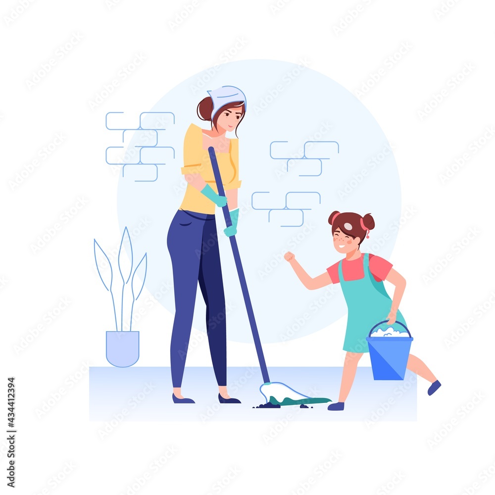 Fototapeta premium Vector cartoon happy family characters cleaning house.Parents and children take care of homeplace,keep it clean-healthy family relationships,communications,social behavior web site banner ad concept