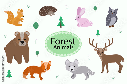 Forest Animals. Vector illustration woodland forest animals including rabbit, bear, fox, owl, wolf, deer and squirrel.