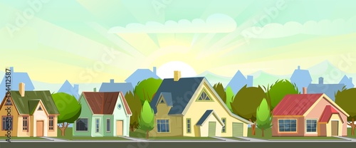 Street with houses in a small rural town. The lights of a sun. Cartoon cheerful flat style. Road. Village. Small cozy suburban cottages with trees. Vector.