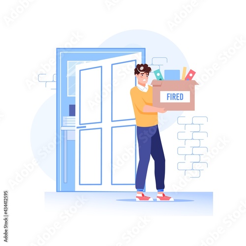 Vector cartoon flat office worker character in work conflict scene.Dismissed,fired upset employee carries personal belongings-work relationships stress situation,unemployment web site banner concept