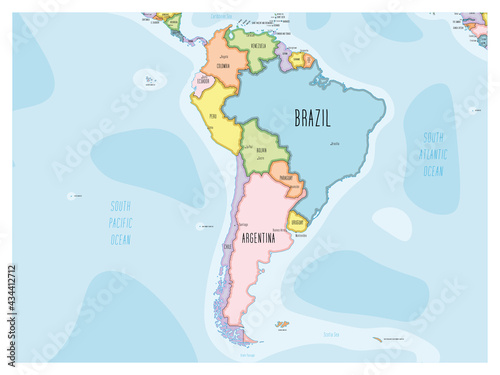 Political map of South America. Colorful hand-drawn cartoon style illustrated map with bathymetry. Handwritten labels of country, capital city, sea and ocean names. Simple flat vector map.