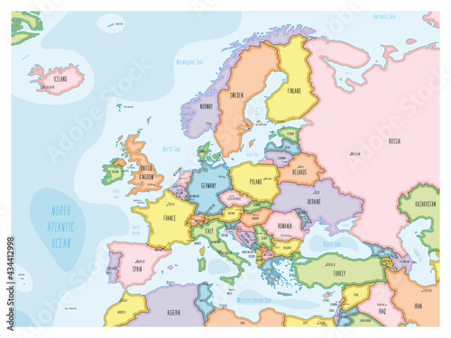 Political map of Europe. Colorful hand-drawn cartoon style illustrated map with bathymetry. Handwritten labels of country, capital city, sea and ocean names. Simple flat vector map.