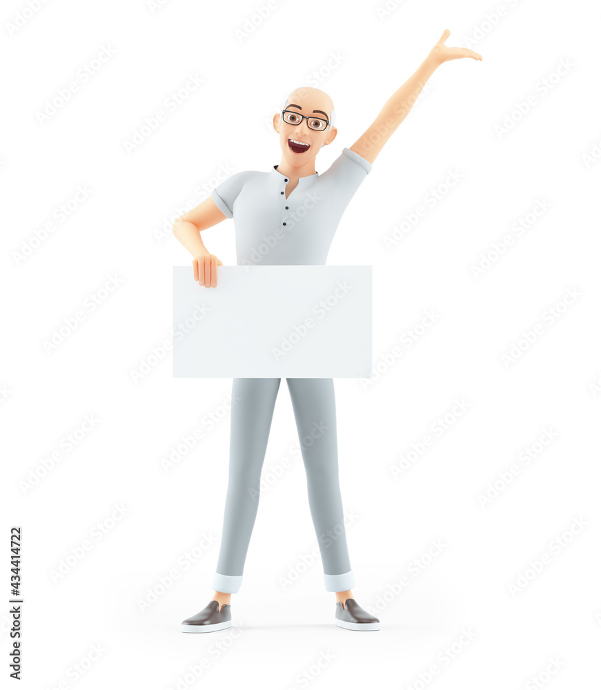 3d happy senior man holding placard 3d happy senior man holding placard