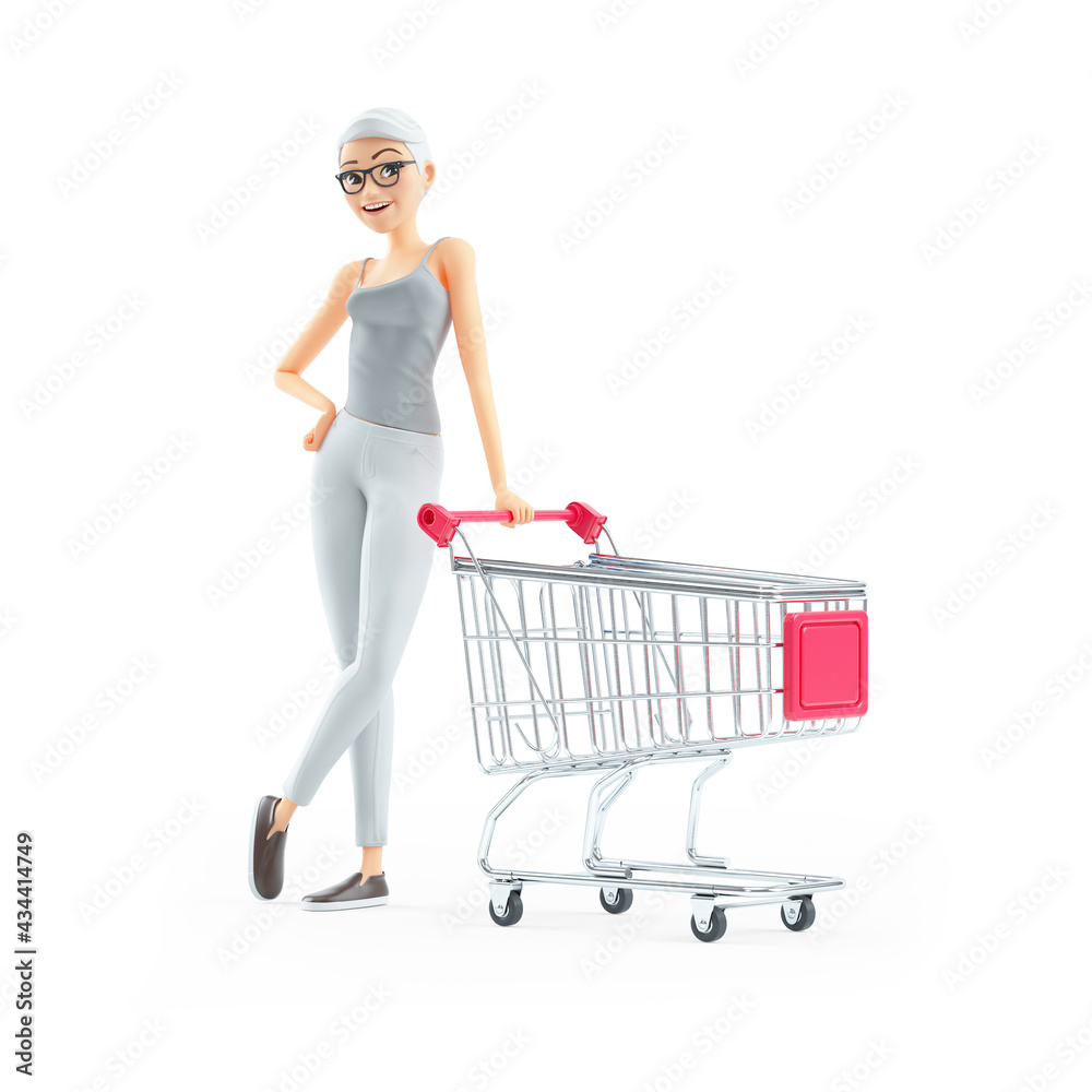 3d senior woman leaning against shopping cart 3d senior woman leaning against shopping cart