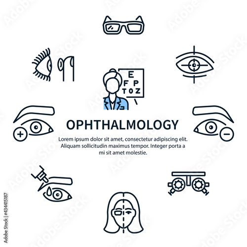 Ophthalmology clinic circle banner with flat line icon. Vector illustration vision treatment.