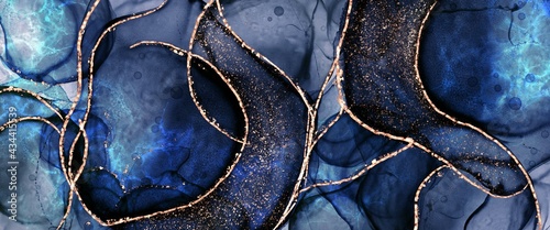 Blue abstract fluid backgroud With gold paths, alcohol ink art texture with g...