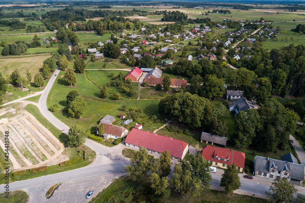 Aerial view of Kabile village in sunny summer day, Latvia.