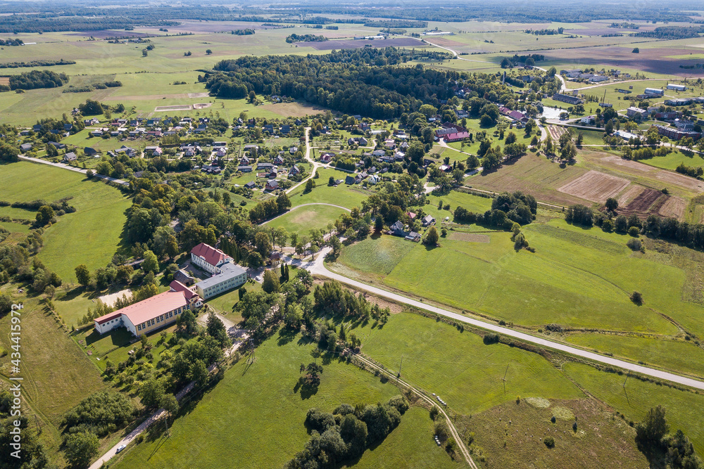 Aerial view of Kabile village in sunny summer day, Latvia.