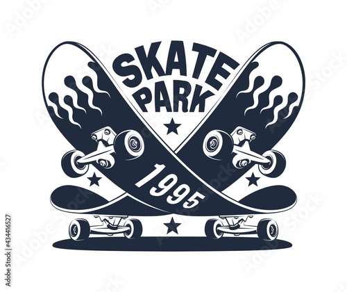 Skate park vintage print. Skate retro logo with skateboard. Vector illustration. photo