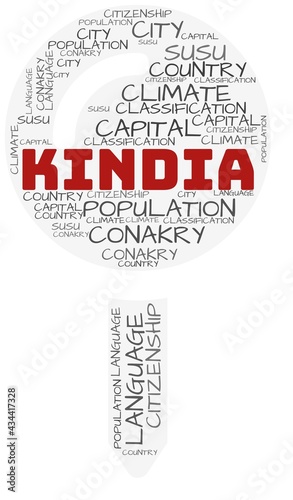 Kindia and related concepts illustrated in a wordcloud shape like a map-pin over a white opaque background. photo